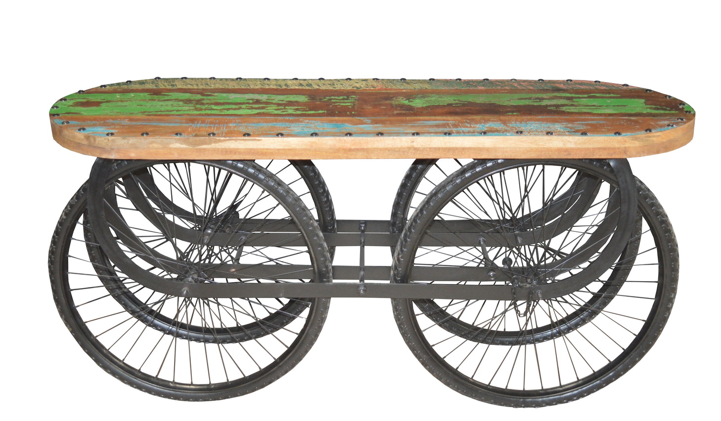 IRON RECYCLE TIMBER CART TABLE WITH WHEELS