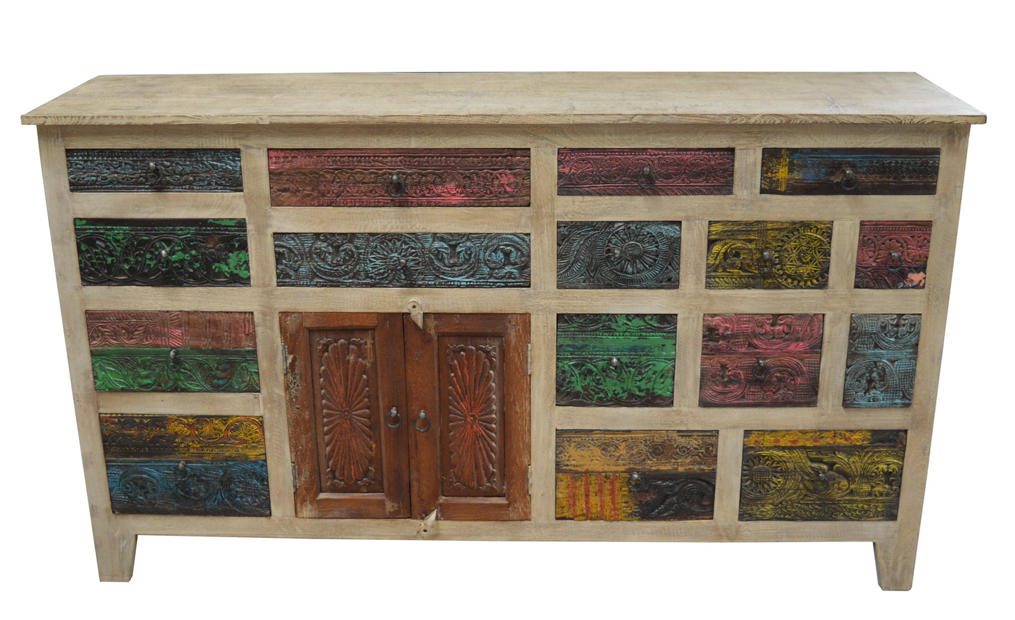 WDN.CARVED 16 DRAWERS LONG SIDE BOARD WITH SAND BLASTED FINISH