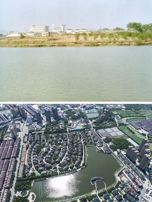 Combo photos show the before (in the early 20th century) and current (June 27, 2018) view of Jixiang lake in Huayuan Village