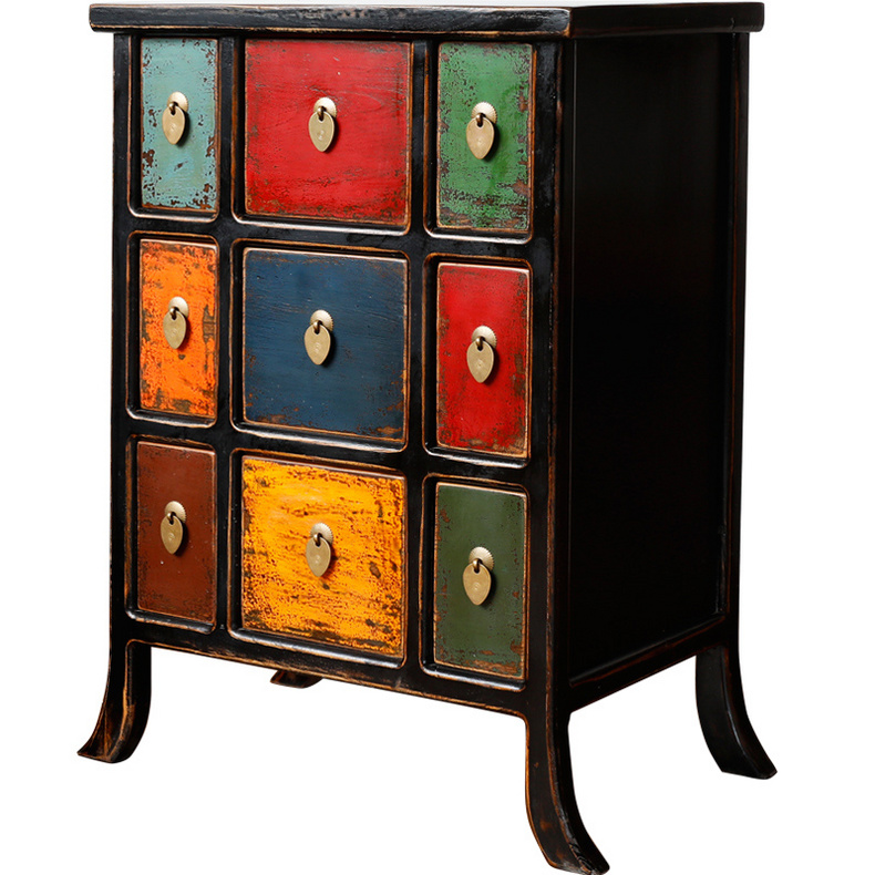 Ancient Age furniture Distressed paint multi-color 9-drawer cabinet