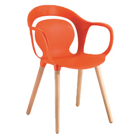 modern plastic seat solid wood legs dining chair with armrest orange