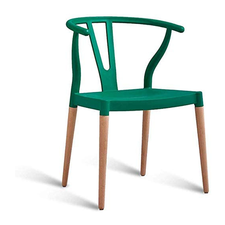 nordic design backrest plastic dining chair with solid wood legs green