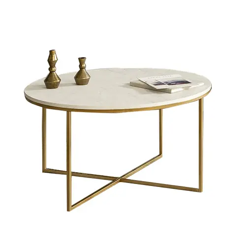 white marble grain top round coffee table with gold leg