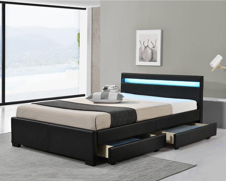 Black PU storage bed with LED on headboard