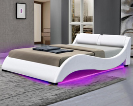 Curve shape upholstered PU bed with led on both side board