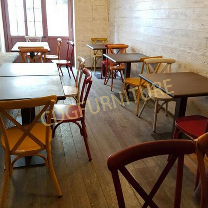 Rental Restaurant Cafe Cross Back Antique Chairs Outdoor Indoor Stackable Iron Restaurant Cafe Chairs 657S-H45-ALU