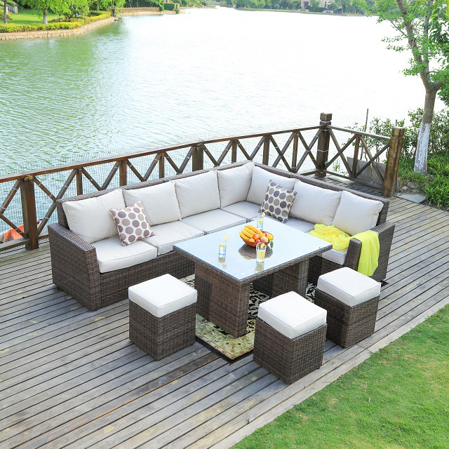 7 Seater Rattan Garden L Shaped Sofa Table Set Outdoor Wicker Patio Furniture   PAS-1403(Brown)