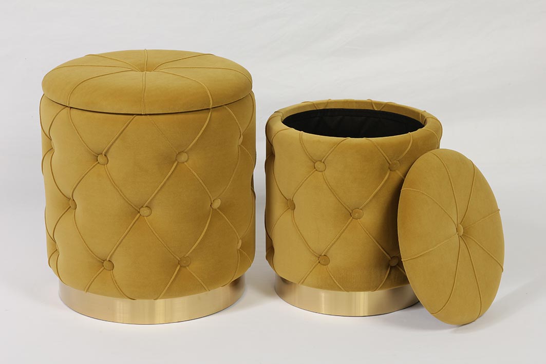 Velvet Button Ottoman with Gold Base