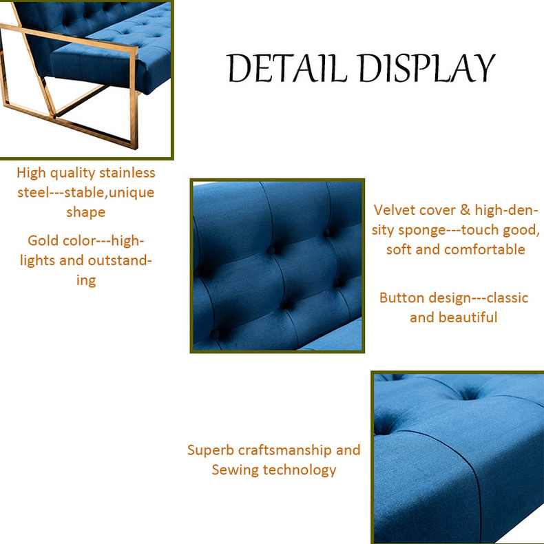 Elegant blue velvet sectional sofa with gold stainless steel legs