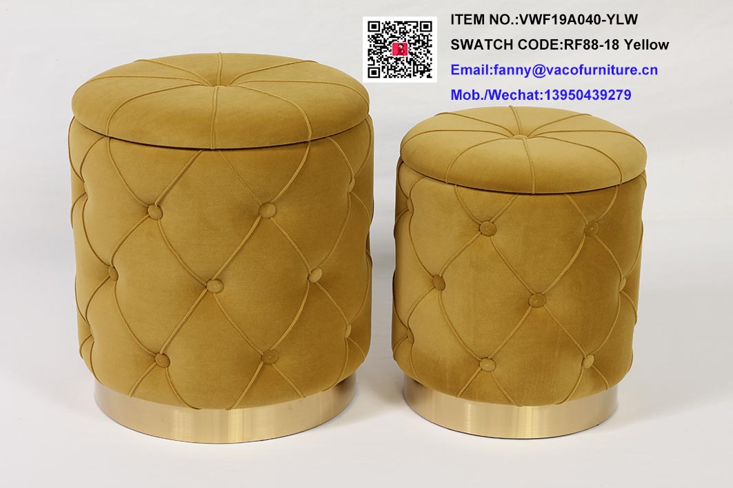 Velvet Button Ottoman with Gold Base