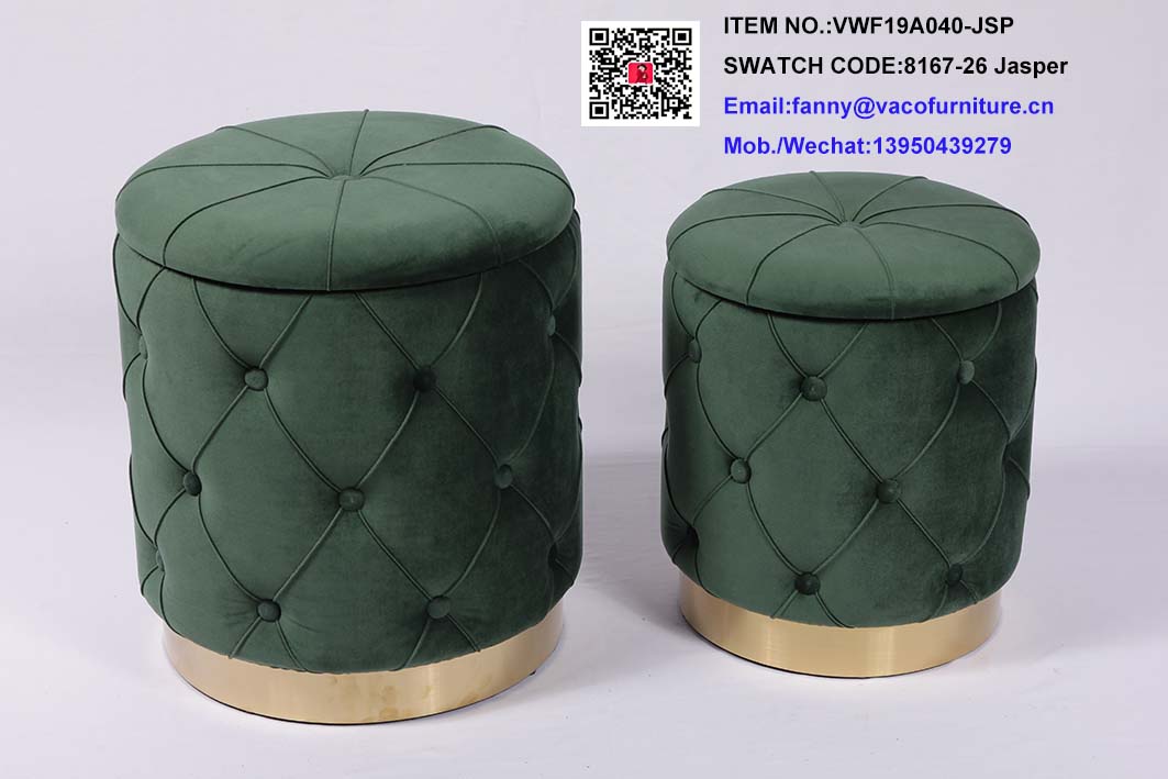 Velvet Button Ottoman with Gold Base