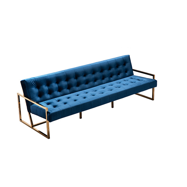 Elegant blue velvet sectional sofa with gold stainless steel legs