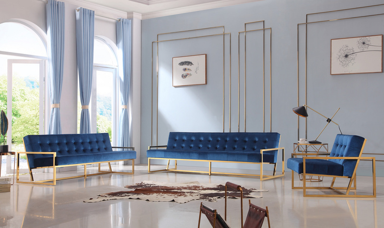 Elegant blue velvet sectional sofa with gold stainless steel legs