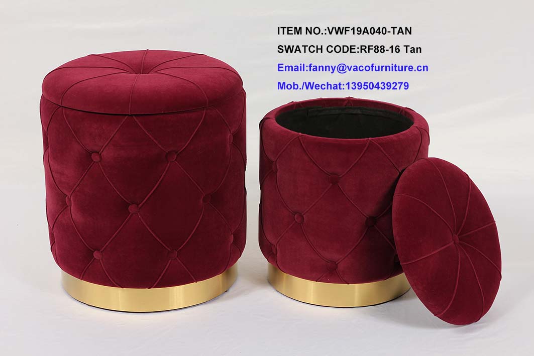 Velvet Button Ottoman with Gold Base