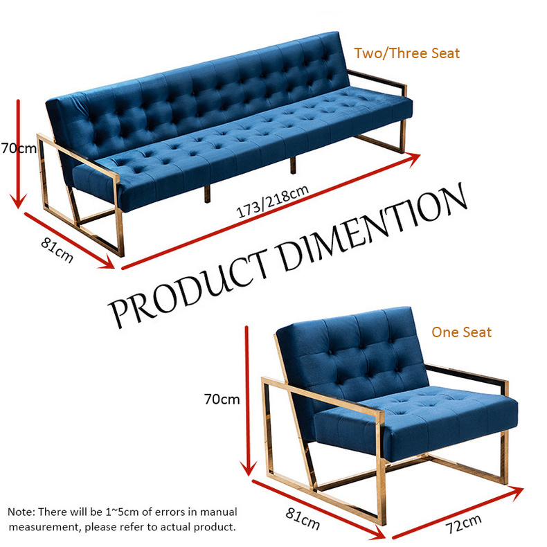 Elegant blue velvet sectional sofa with gold stainless steel legs