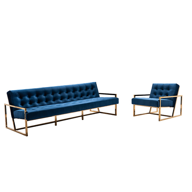 Elegant blue velvet sectional sofa with gold stainless steel legs