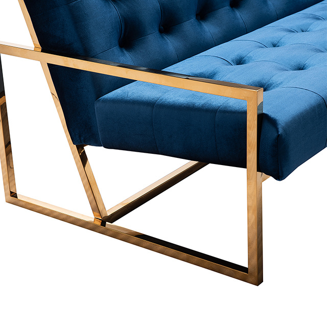 Elegant blue velvet sectional sofa with gold stainless steel legs