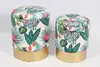 Set of 2 Round Tropical Leaves Print Storage Ottoman with Gold Ring