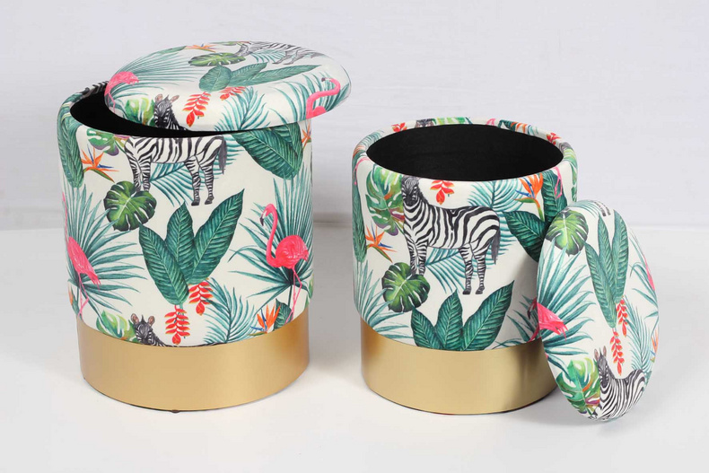 Set of 2 Round Tropical Leaves Print Storage Ottoman with Gold Ring