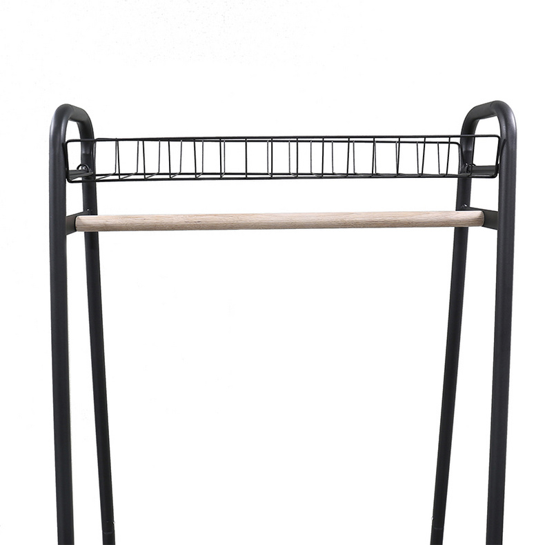 F10065 home floor standing triangle shape coat rack with wire basket