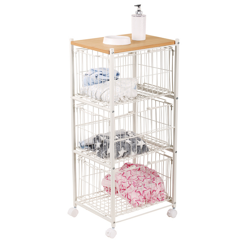 3-Tier MDF top wire basket bathroom trolley shelf F10022