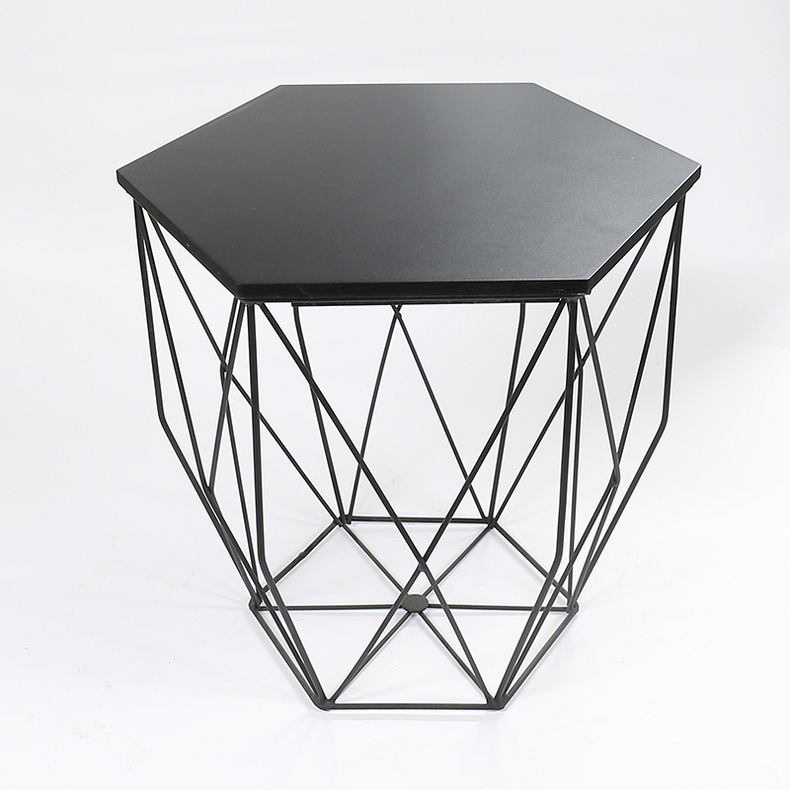 F10119 hexagon shape coffee table set with wire storage basket