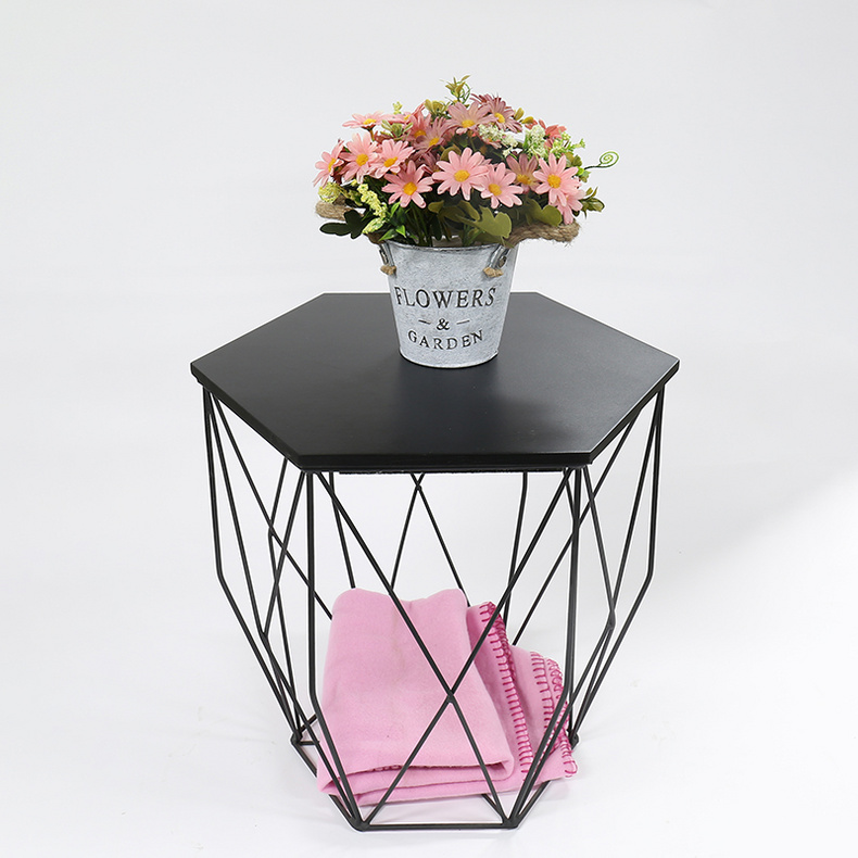 F10119 hexagon shape coffee table set with wire storage basket