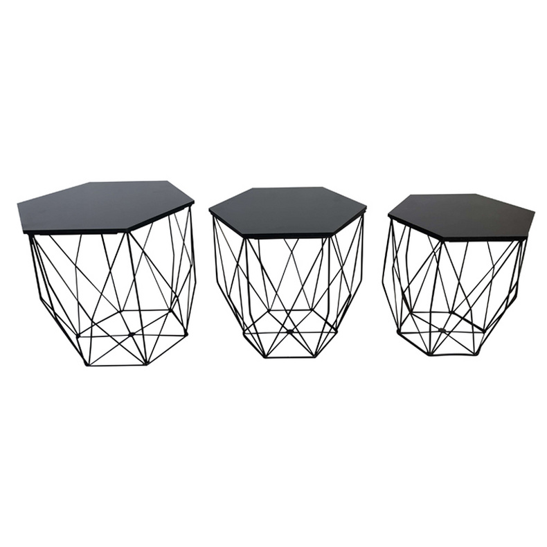 F10119 hexagon shape coffee table set with wire storage basket