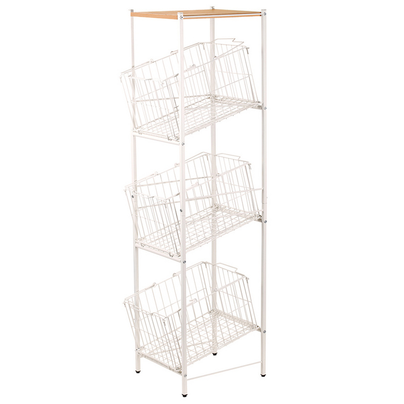 3 Layer home storage wire basket cart with MDF top F10023