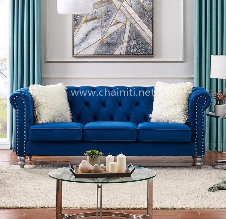 Low price sofa set Modern Living Room button tufted Blue Fabric sofa