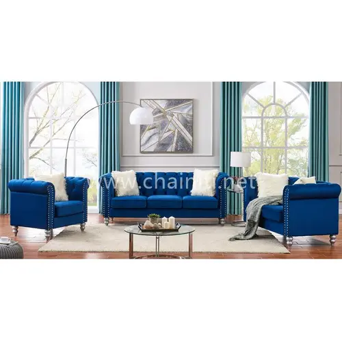 Low price sofa set Modern Living Room button tufted Blue Fabric sofa