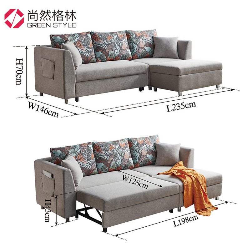 Three-seater sofa bed with storage ottoman