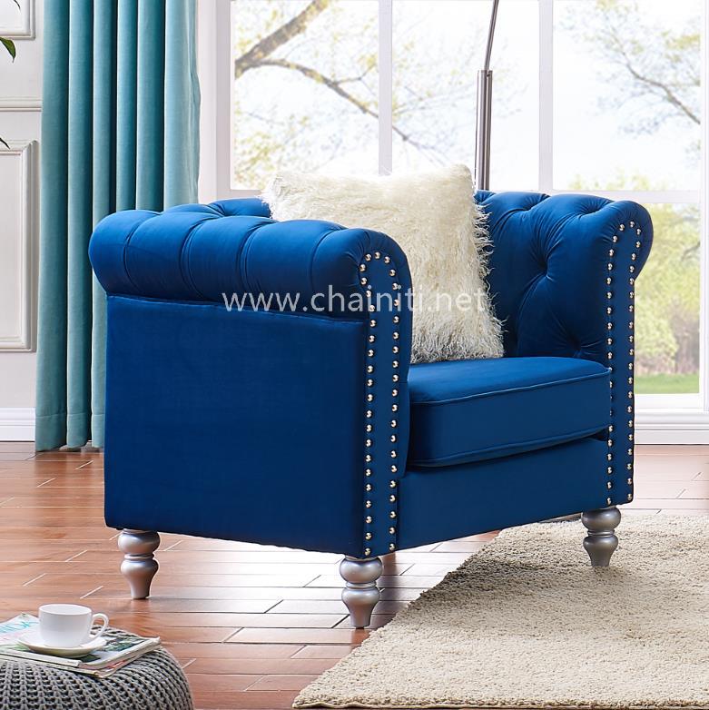 Low price sofa set Modern Living Room button tufted Blue Fabric sofa