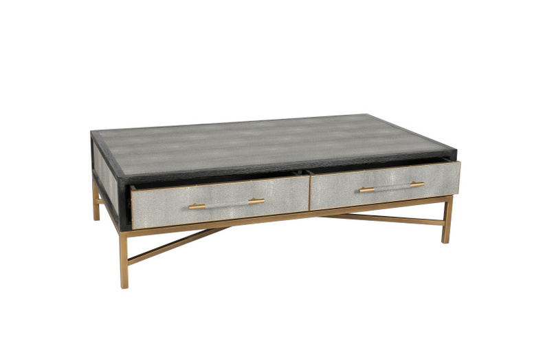 Classic Shagreen coffee table. Elegant coffee table with   drawers. Cool  coffee table with metal leg