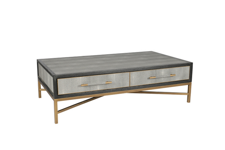 Classic Shagreen coffee table. Elegant coffee table with   drawers. Cool  coffee table with metal leg