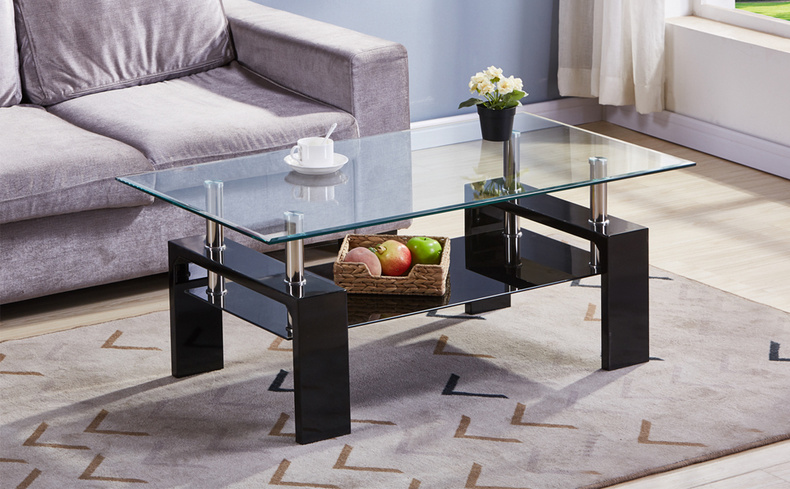 New High Quality Glass with Metal Black Wooden Coffee Table