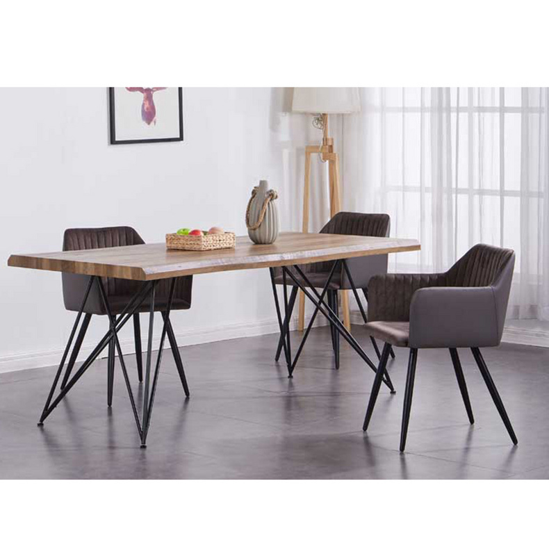 DT-04 Industrial Vintage Live Edge Dining Table Top with Black Finish Folding Metal Tube Legs Base Restaurant Dining Table