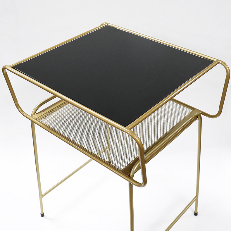 2-Tier metal tea table bedside storage cabinet tempered glass top coffee table