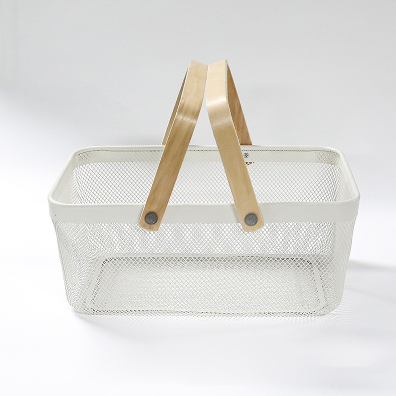 Hot sale cheap fashional wood handle household metal wire mesh fruit basket storage basket