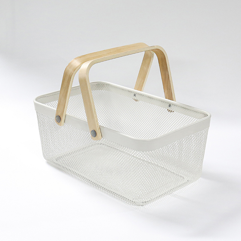 Hot sale cheap fashional wood handle household metal wire mesh fruit basket storage basket