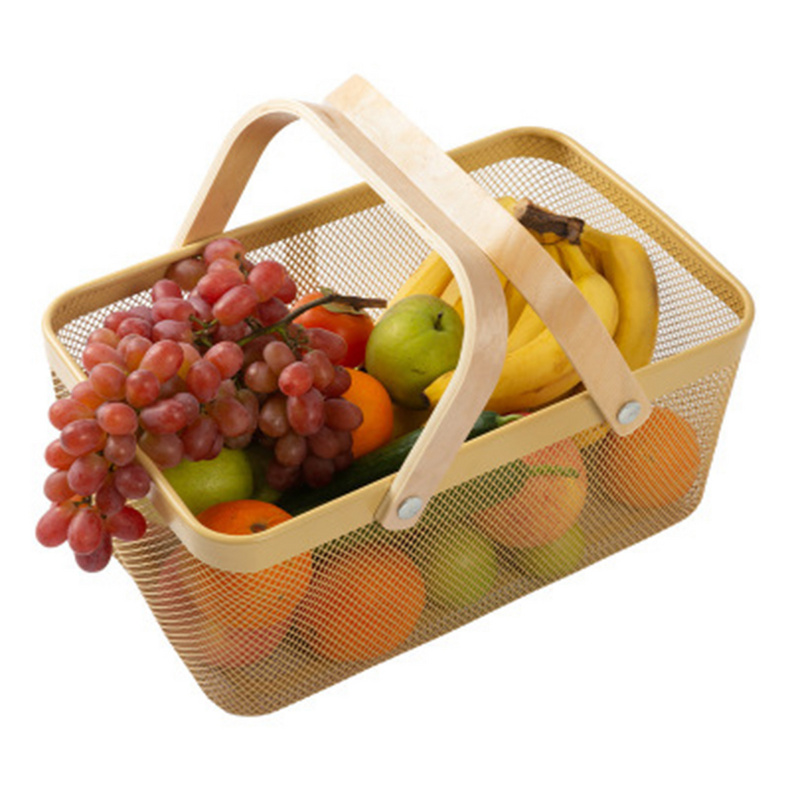 Hot sale cheap fashional wood handle household metal wire mesh fruit basket storage basket