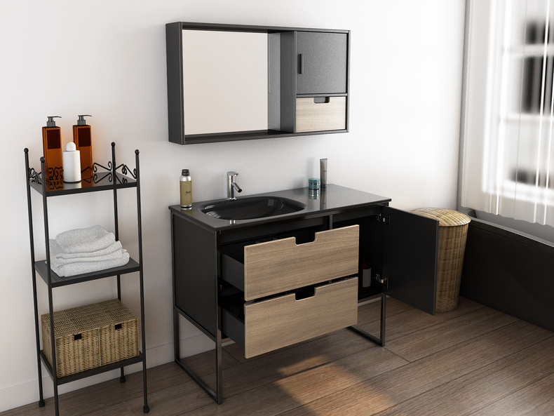 Modern New Design Wood Drawer Iron Frame Glass BasinBathroom Vanities