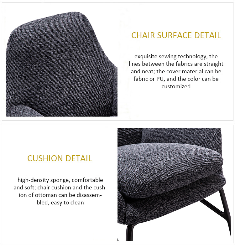 Fabric cushion stainless steel base leisure lounge chair with ottoman for living room