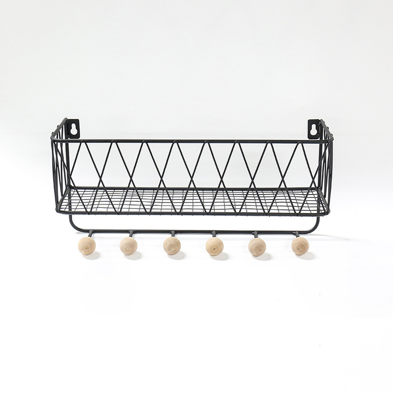 Hanging metal wire storage basket with hooks wall-mounted storage decoration shelf