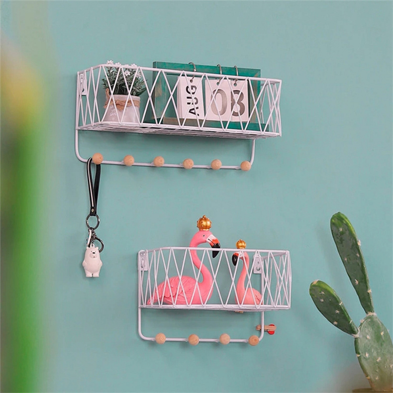 Hanging metal wire storage basket with hooks wall-mounted storage decoration shelf