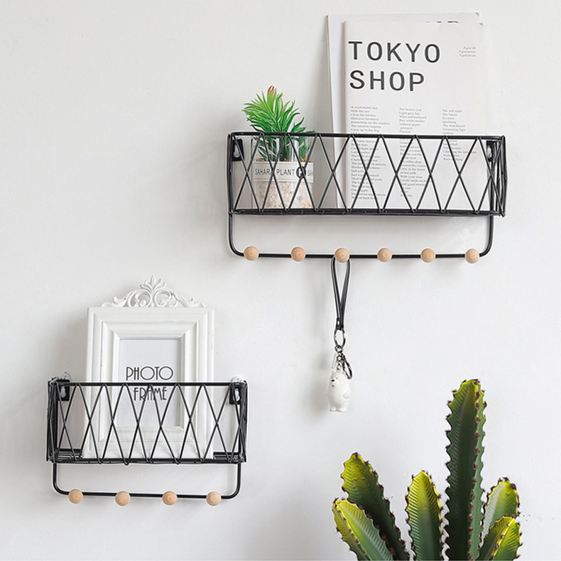 Hanging metal wire storage basket with hooks wall-mounted storage decoration shelf