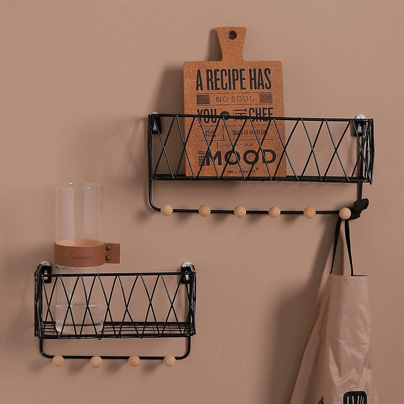 Wall mounted hanging metal storage basket floating storage rack with hooks