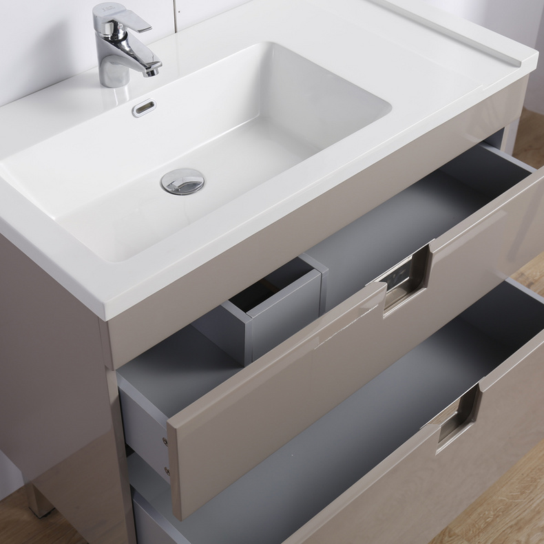 Modern Metallic Lacquer Freestanding Ceramic Basin Full Set Bathroom Vanity