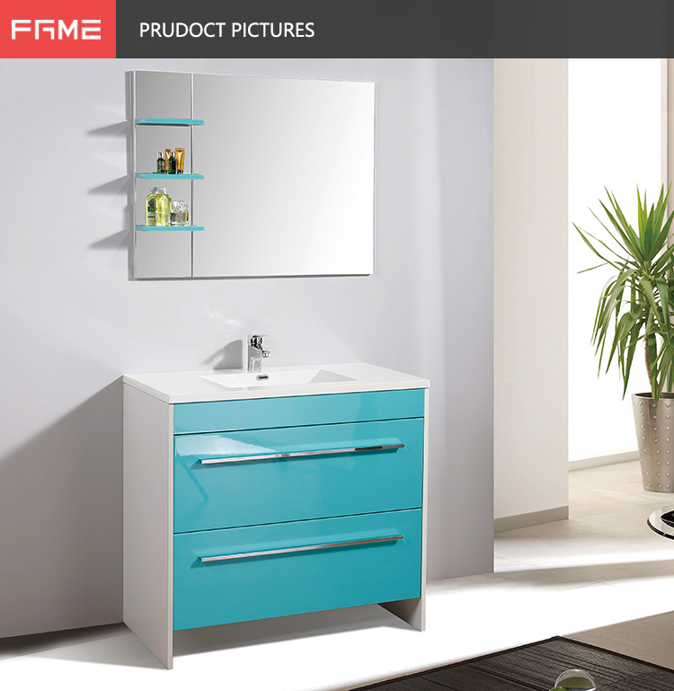 Blue High Glossy Lacquer Painting Wood Mirrored Bathroom Vanities