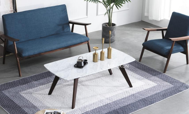 Mid Century Modern Solid Marble Coffee Table with Oak Wood Legs